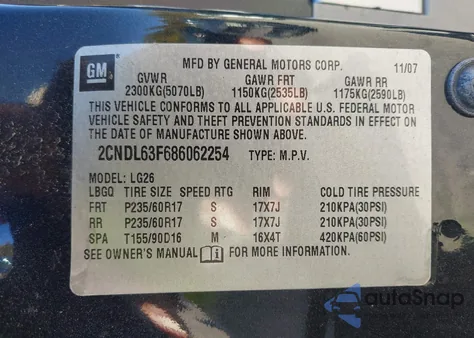 2008 Chevrolet Equinox Lt из США, поврежденный, VIN 2CNDL63F686062254